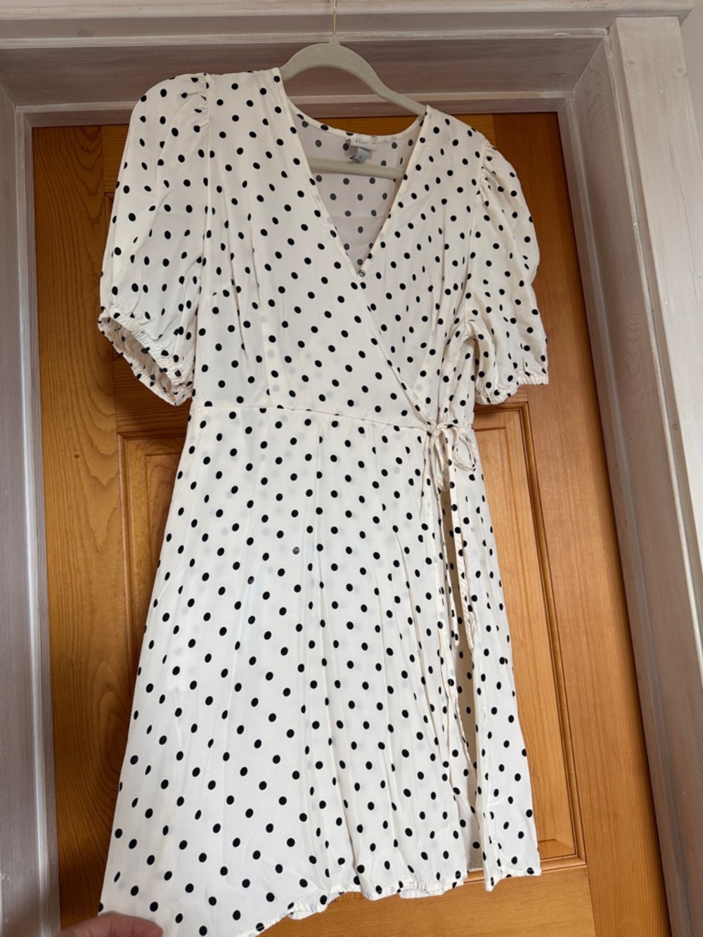 a new day, cream with black polka dots fux wrap/elastic waist wrap midi dress.